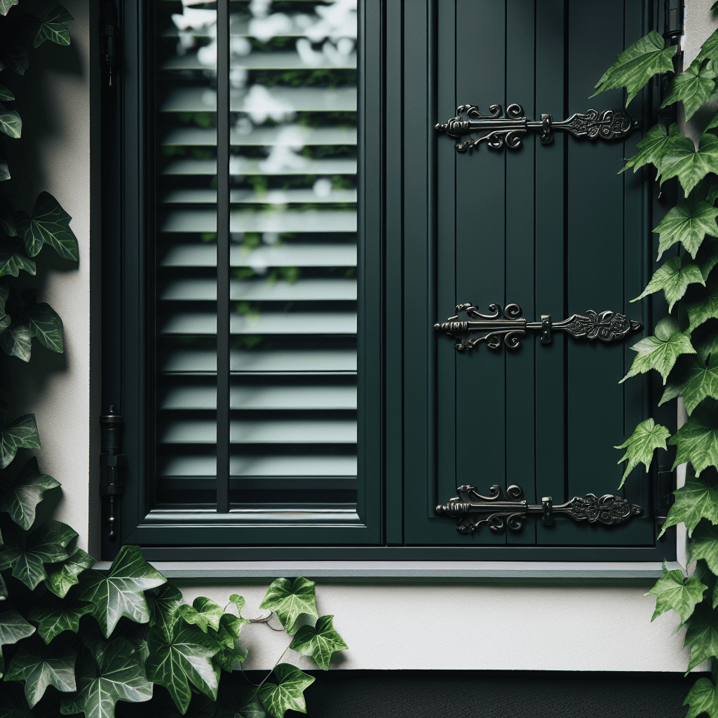 Donkergroene houten buitenluiken met decoratieve scharnieren naast wit raamkozijn, omgeven door klimop