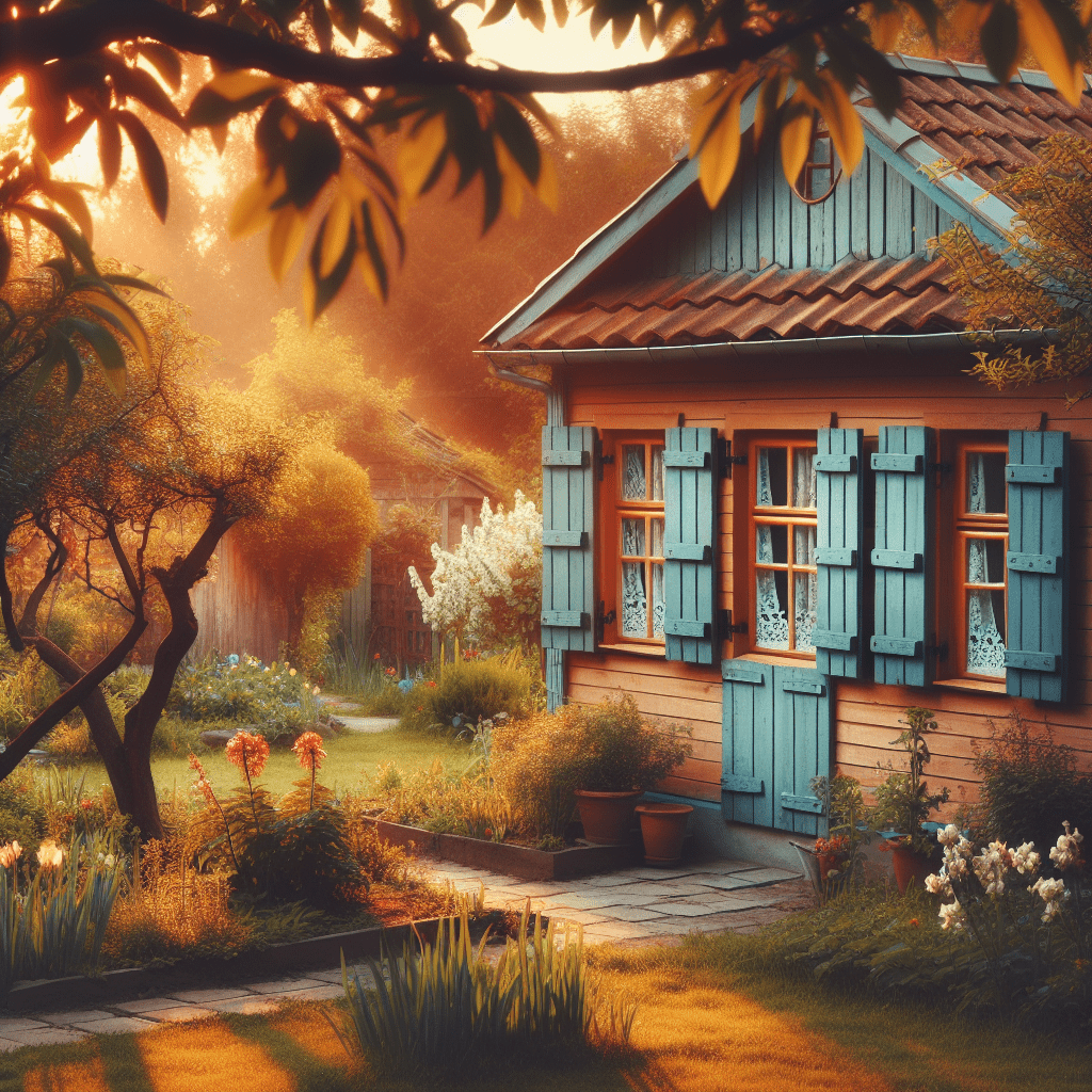 Landelijke woning met zelfgemaakte blauwe buitenluiken, omgeven door bloeiende tuinstruiken in natuurlijk licht