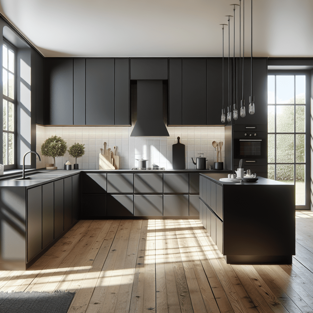 Moderne zwarte keuken met witte muren, zwarte kasten en veel natuurlijk licht door grote ramen