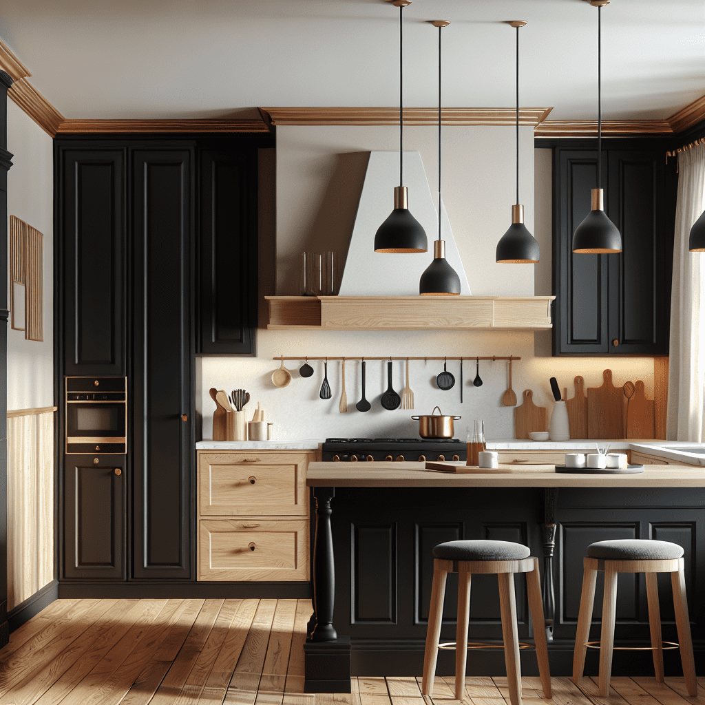 Moderne zwarte keuken met crème muren, houten accenten, kookeiland en sfeervolle hangende verlichting