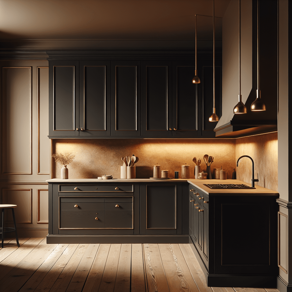 Moderne zwarte keuken met beige muren, gouden handgrepen en natuursteen details in warme, uitnodigende sfeer