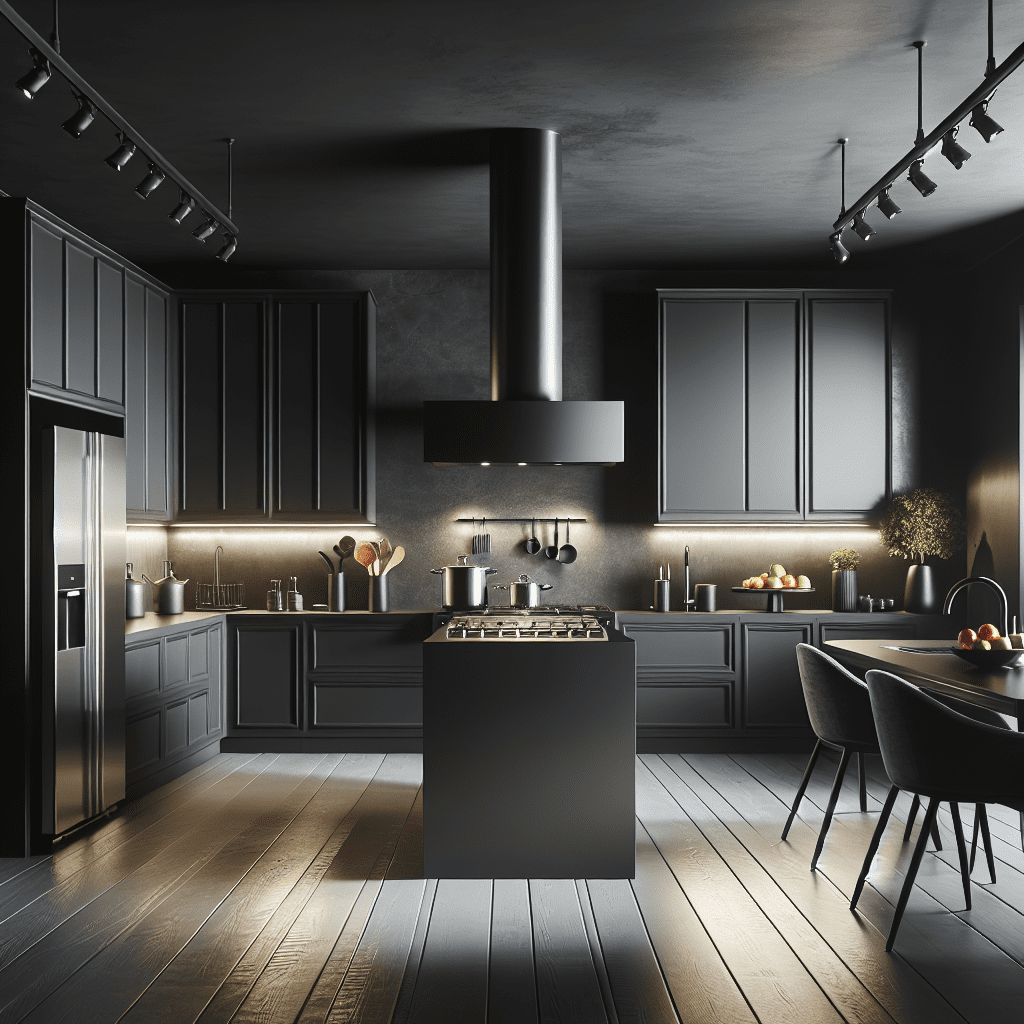 Luxe zwarte keuken met donkergrijze muren en roestvrijstalen apparatuur in dramatische verlichting