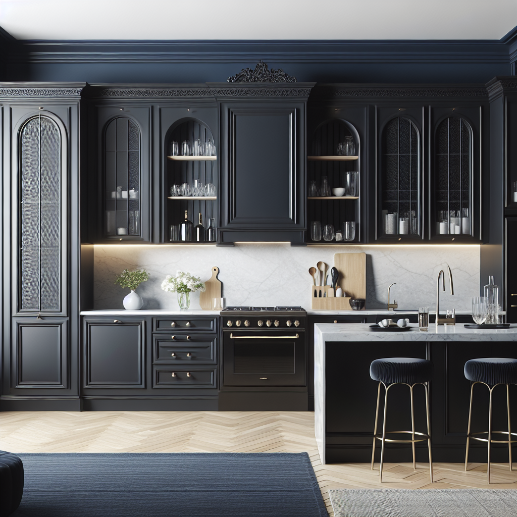 Moderne zwarte keuken met marineblauw gekleurde achterwand en wit marmeren werkblad