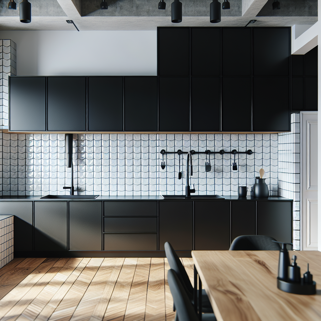 Moderne zwarte keuken met witte tegelmuur, zwarte kranen en houten eettafel in lichte, ruime keukenruimte