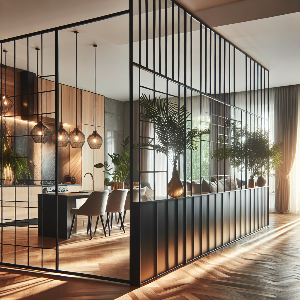 Open woonruimte met elegant zwart metalen en houten barhek dat keuken afscheidt, veel natuurlijk licht