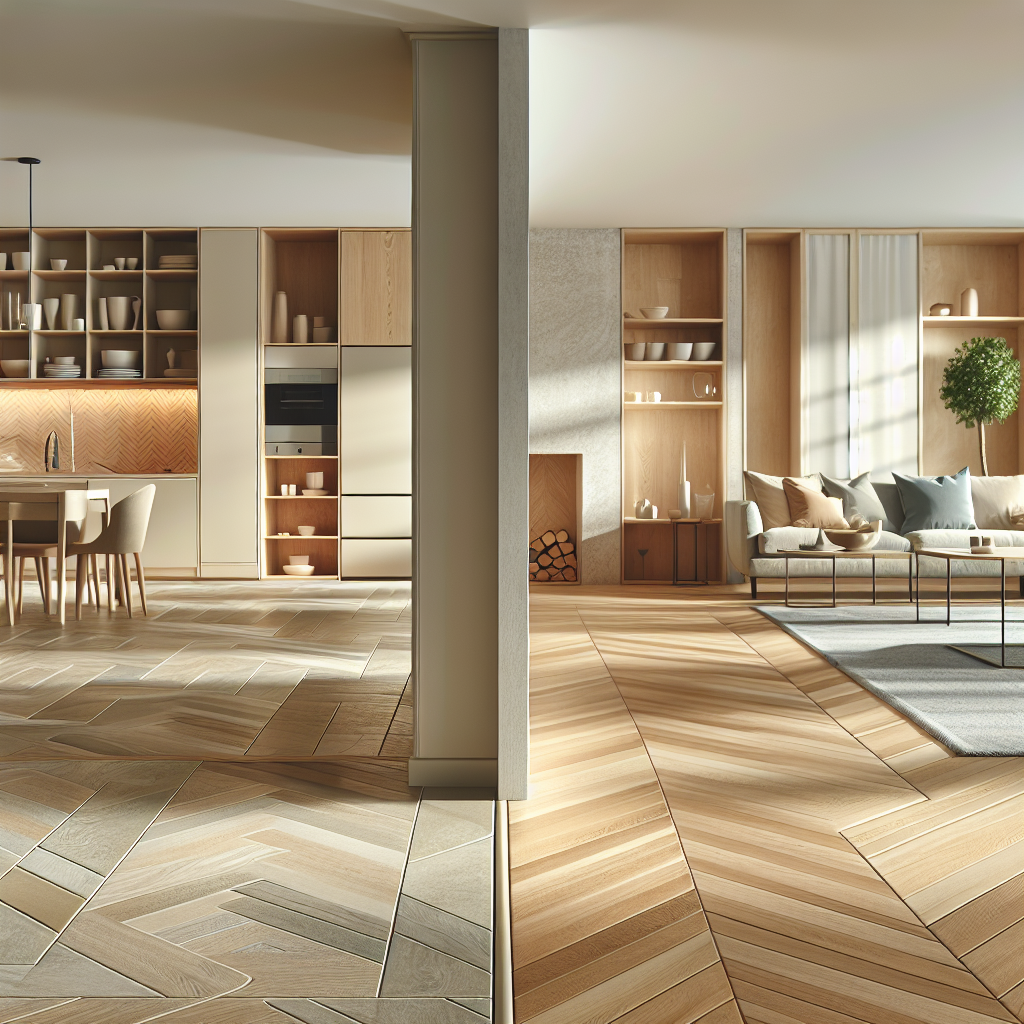 Open keuken met lichte tegelvloer die overgaat in warme houten vloer in woonruimte voor subtiele zonering