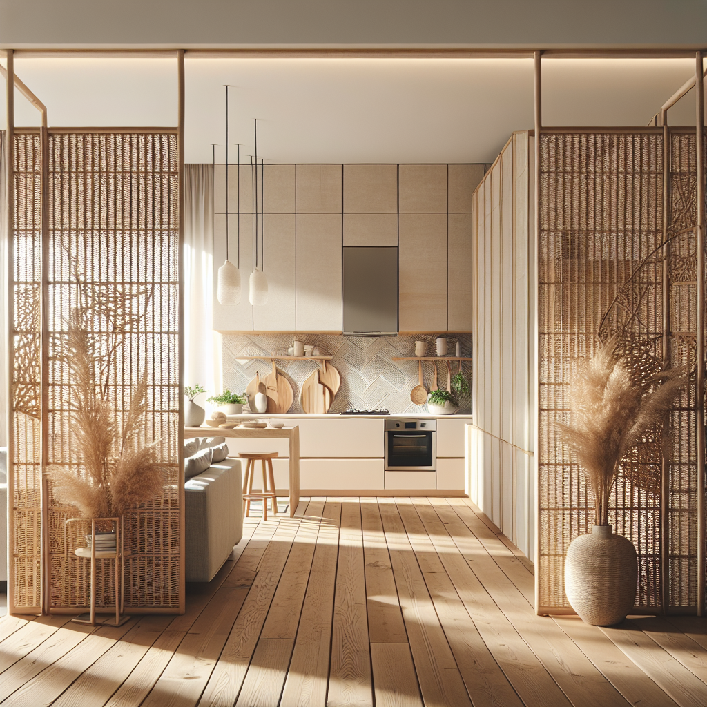 Open keuken met natuurlijk kamerscherm als ruimteverdeler, lichte tinten en minimalistische inrichting