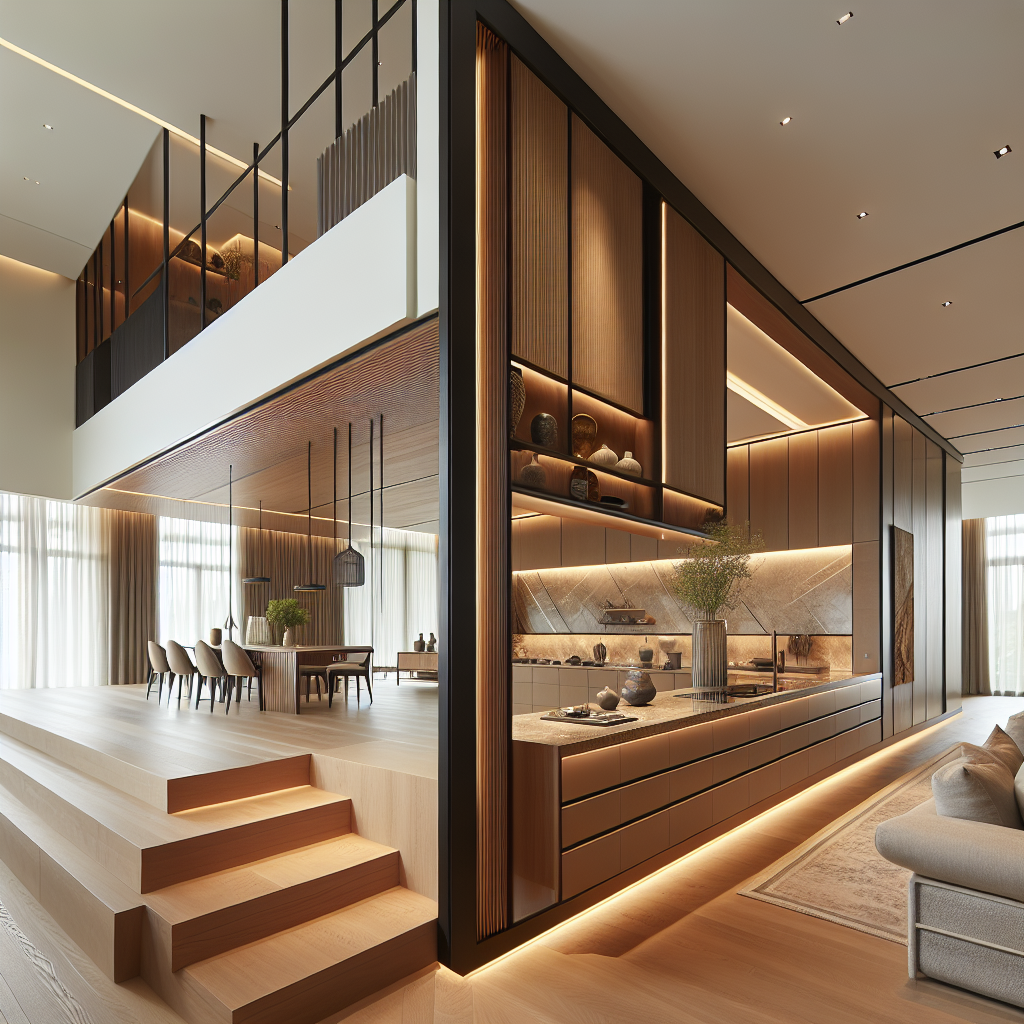 Open woonruimte met verhoogd keukengedeelte gescheiden door treden, moderne materialen en warme sfeerverlichting