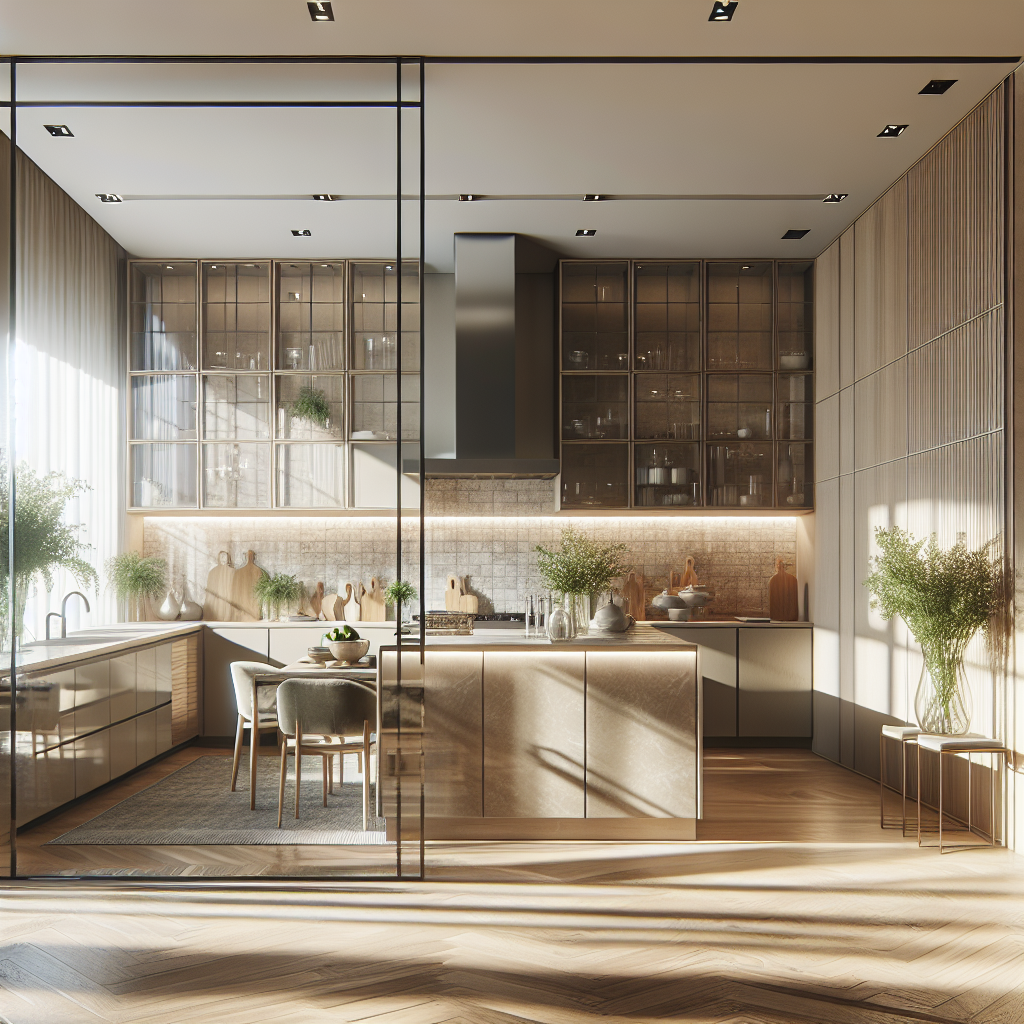 Open keuken met glazen scheidingswand in lichte, moderne woning met neutrale kleuren en elegante vormgeving