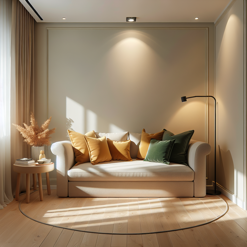Kleine gezellige woonkamer met crème muren, compacte zandkleurige bank en warme kussens in okergeel en groen