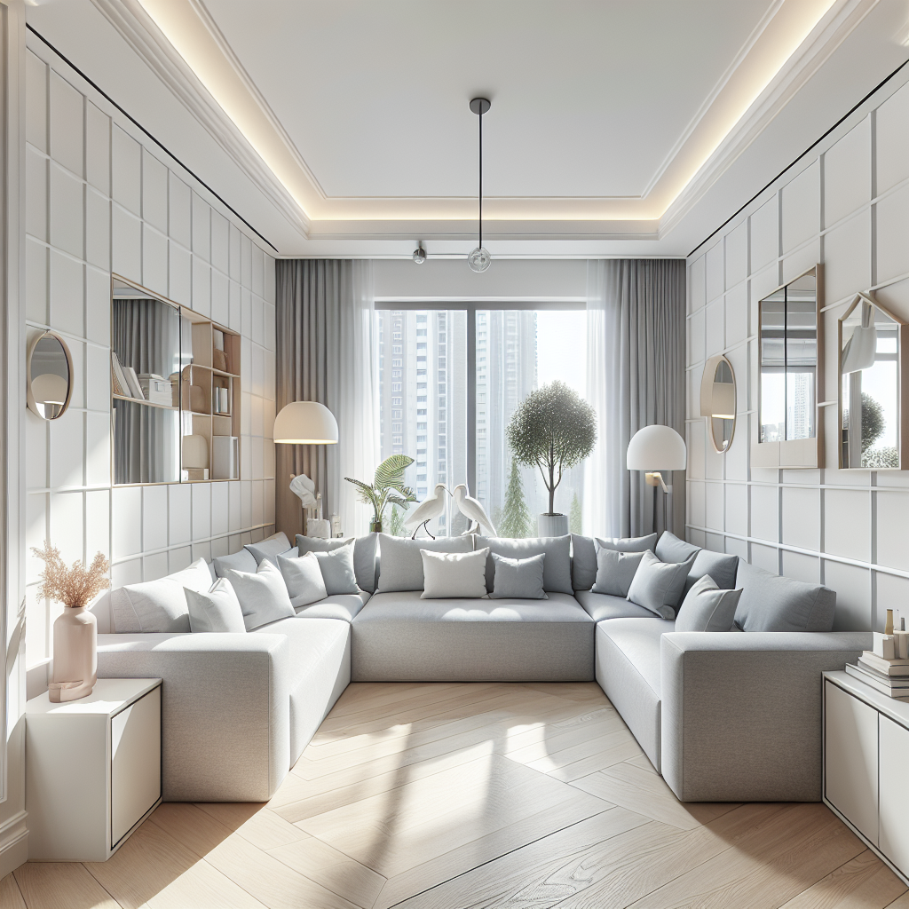 Kleine woonkamer met witte wanden, grijze modulaire bank, spiegels en groot raam met natuurlijk licht