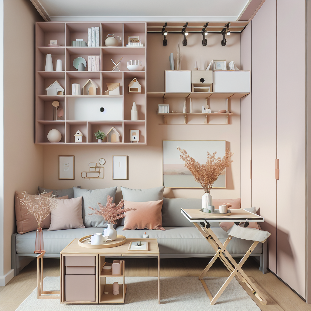 Compacte woonkamer met opklapbare salontafel, hoge wandplanken en pastelkleurige decoratie voor optimaal ruimtegebruik