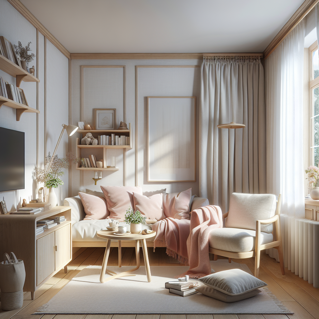 Gezellige kleine woonkamer met lichte houten meubels, crèmewitte muren, leeshoek bij raam en zachtroze textiel