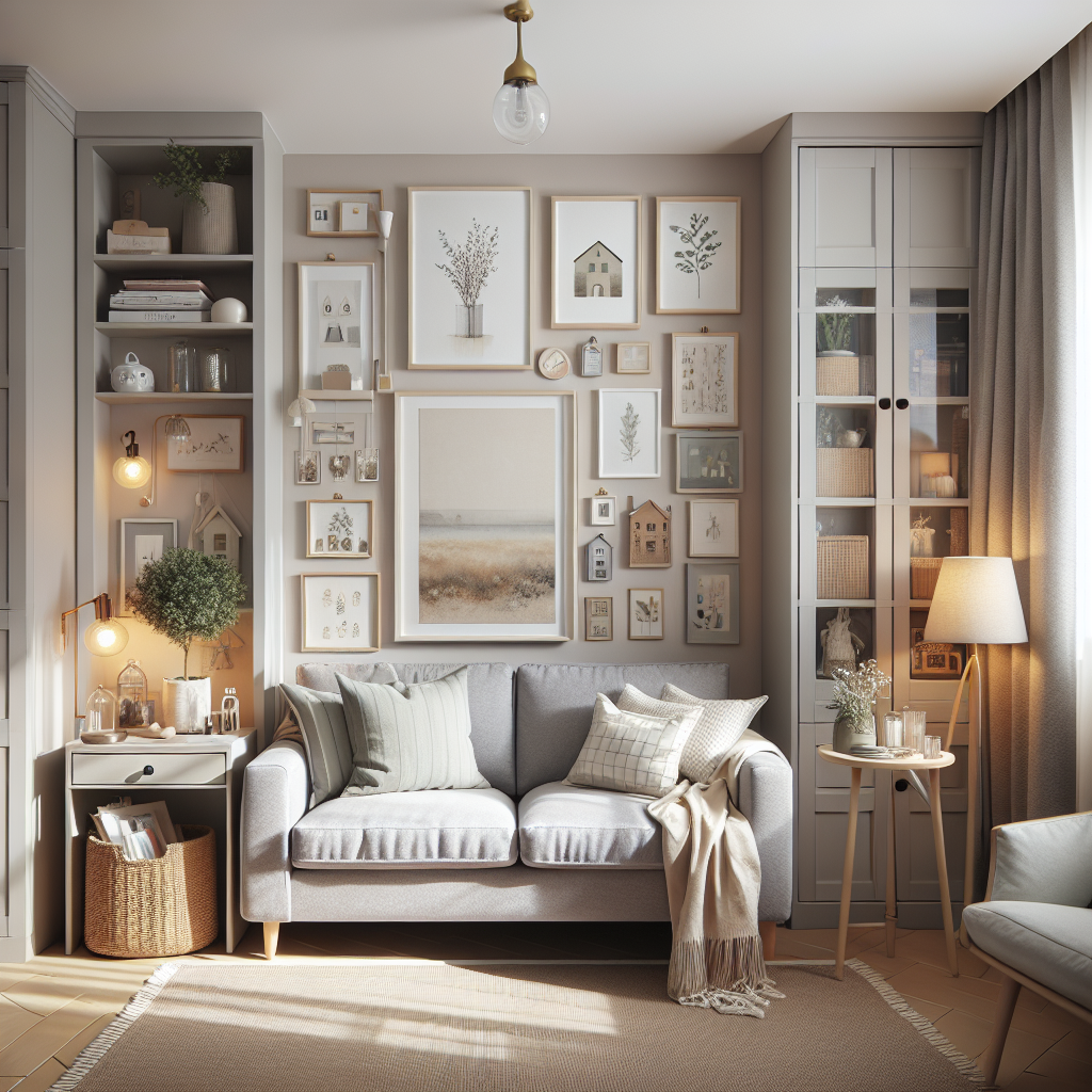 Gezellige kleine woonkamer met lichtgrijze loveseat, verticale opbergkastjes, tafellampjes en kunst aan de muren