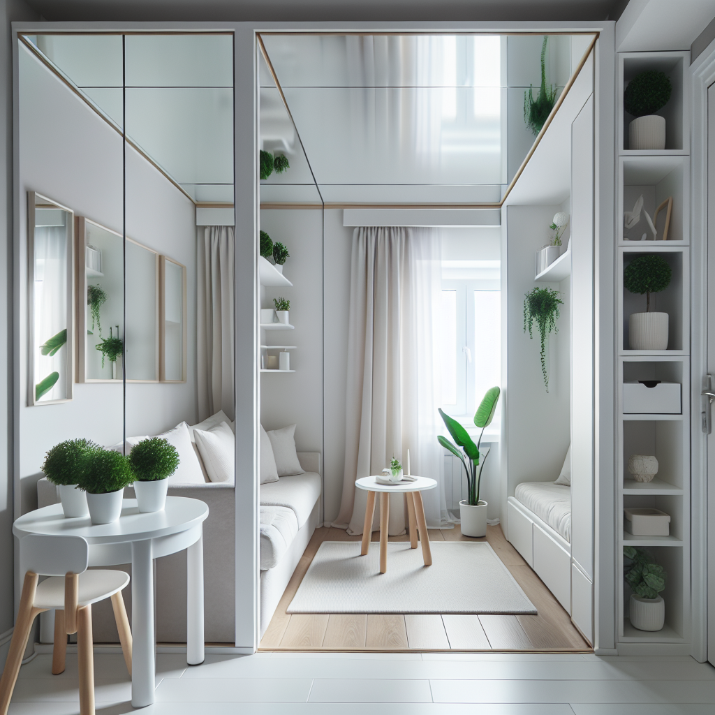 Compacte witte woonkamer met spiegels, multifunctionele eettafel en groene planten als ruimtebesparende inrichting