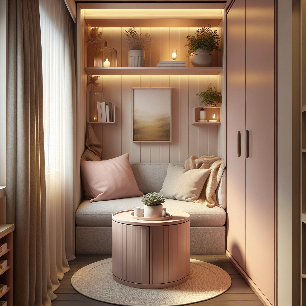 Gezellige kleine zithoek met pastelkleuren, ronde salontafel, opbergruimte onder raam en warme avondverlichting