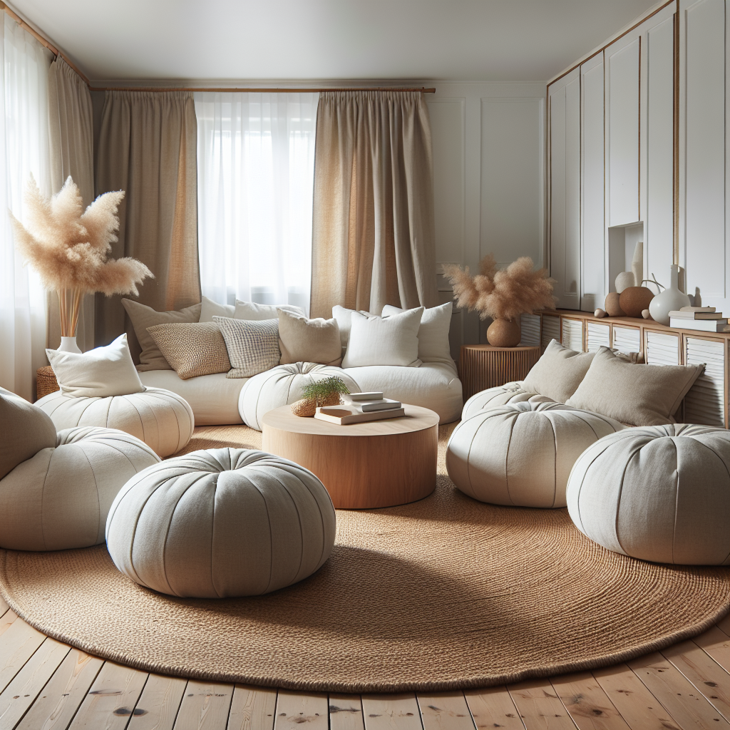 Moderne woonkamer met grote bodempoufs rond jute vloerkleed, scandinavische stijl met witte muren en houten accenten