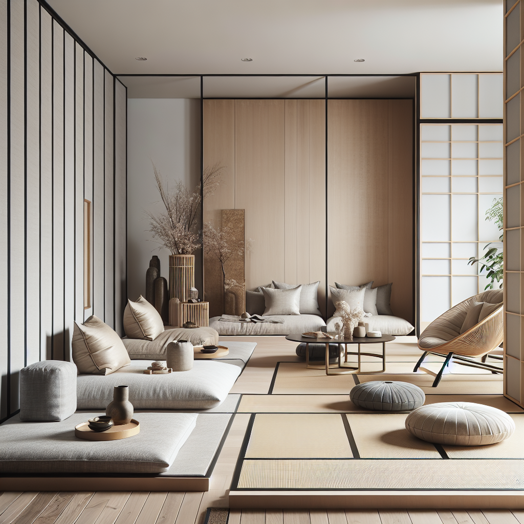 Minimalistische woonkamer met floor seating kussens, tatami matten en bamboe elementen in Japanse stijl