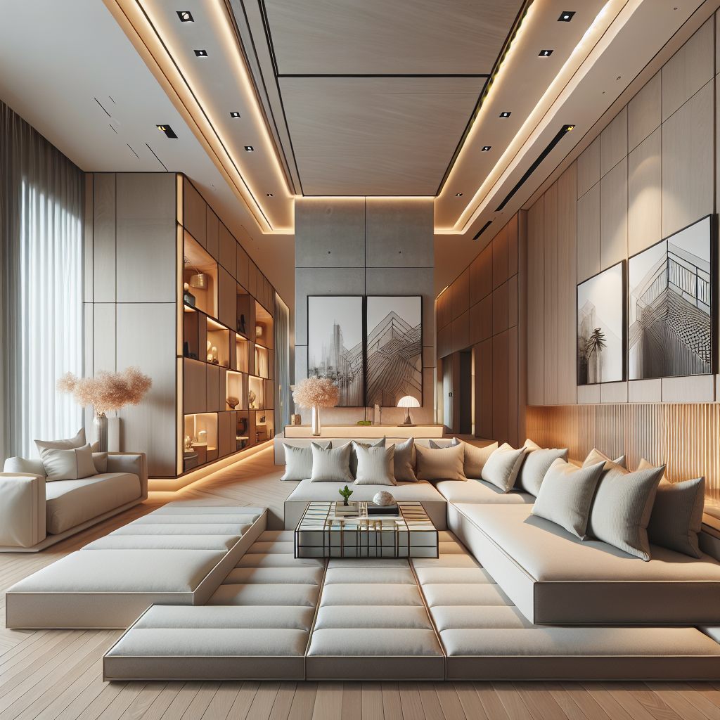 Moderne woonkamer met verhoogd zitplatform en ingebouwde kussens in plaats van traditionele banken, hoge plafonds