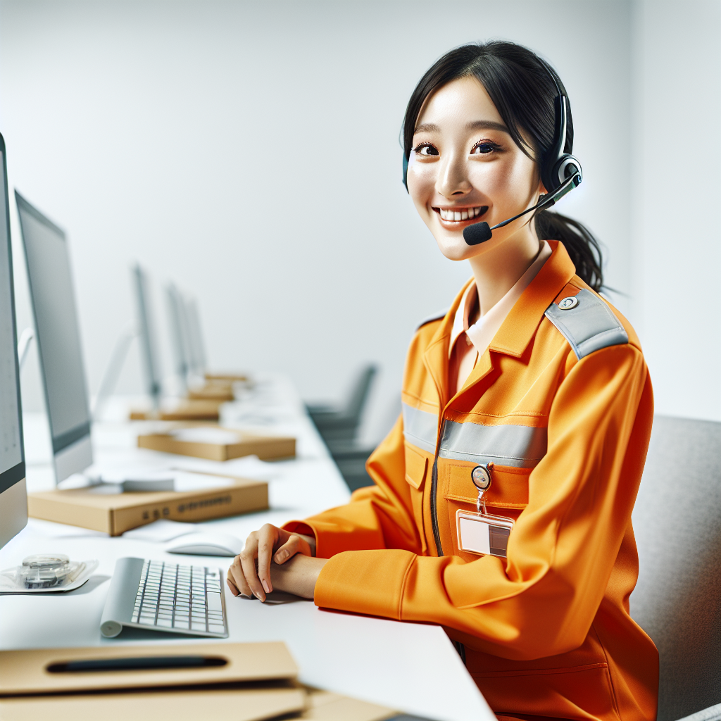 PostNL medewerker in oranje uniform met headset aan bureau, helpt klanten telefonisch in modern kantoor