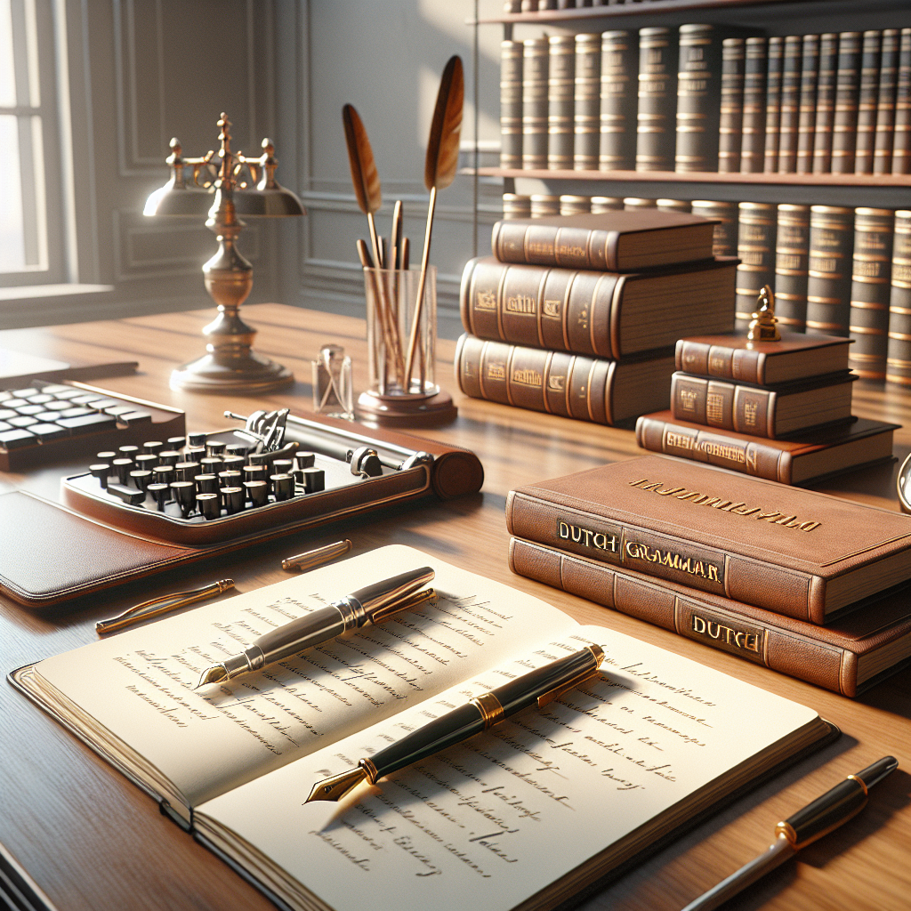 Bureau met Nederlandse grammaticaboeken, handgeschreven notities en vulpen, bovenaanzicht met natuurlijk licht